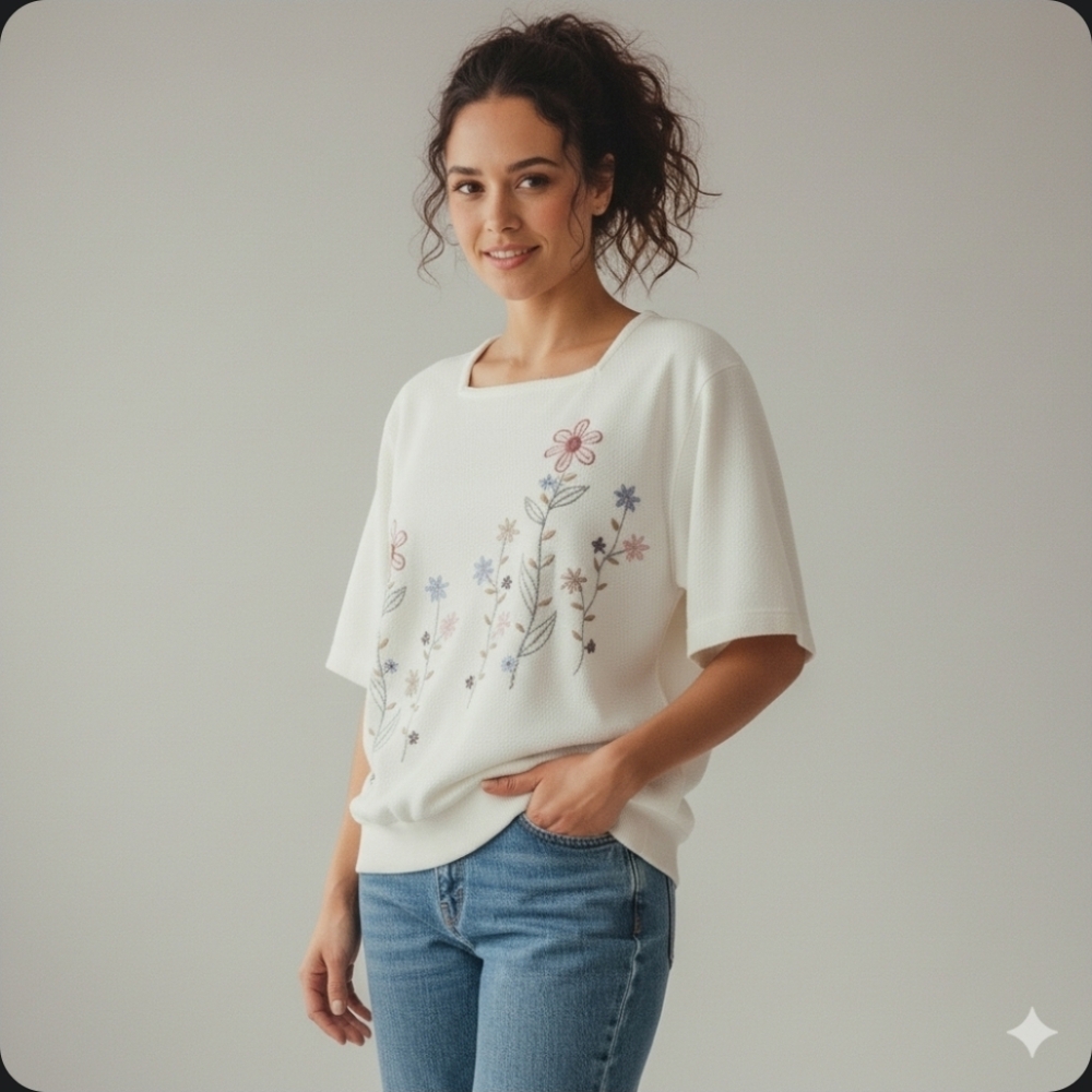 Vintage Floral Embroidered Sweater Short Sleeve Cottage Grandma Coquette Size XL